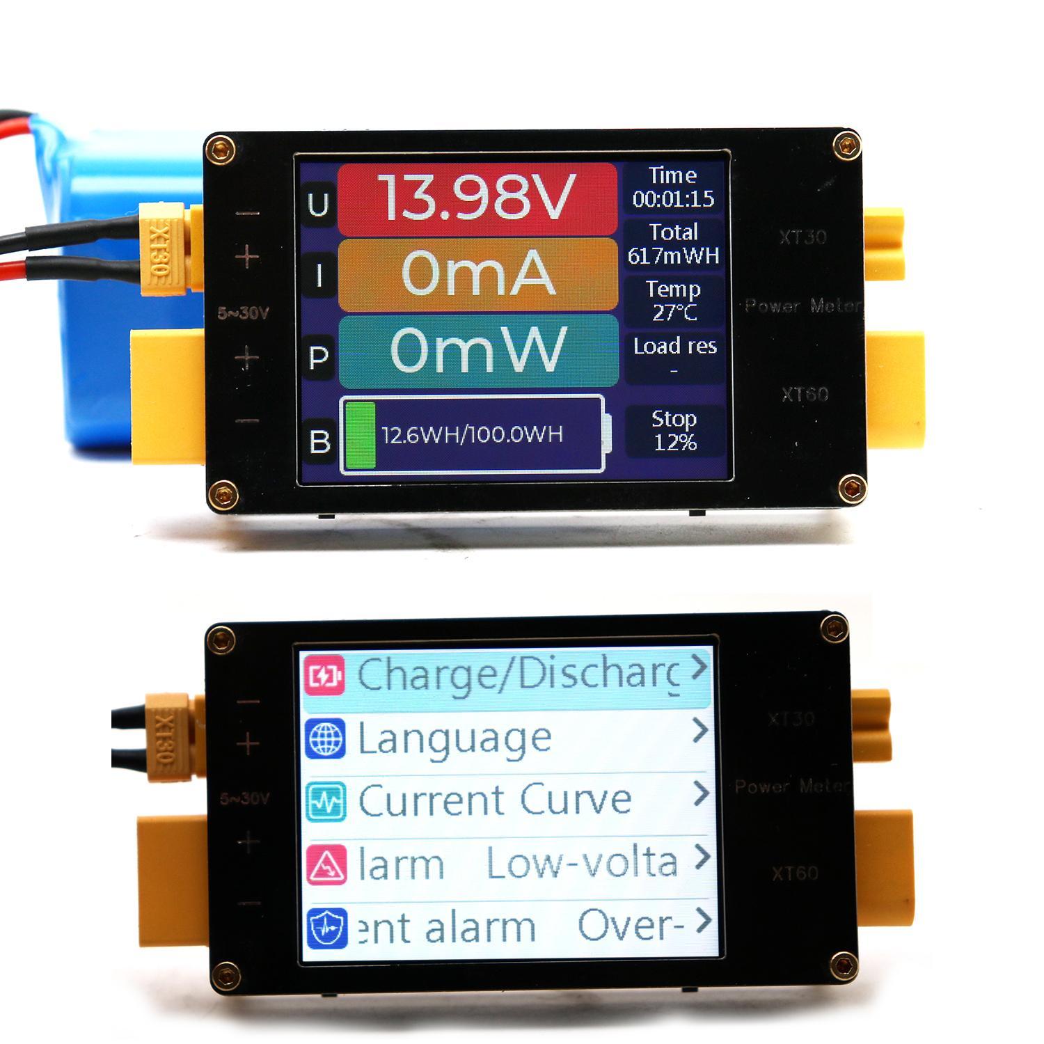 Drone Battery Voltage Checker - 2.4インチディスプレイパワーメーターXT60 64A双方向電流アラームモニターLiion LiFePO4 BMS RCドローンバッテリー充電放電